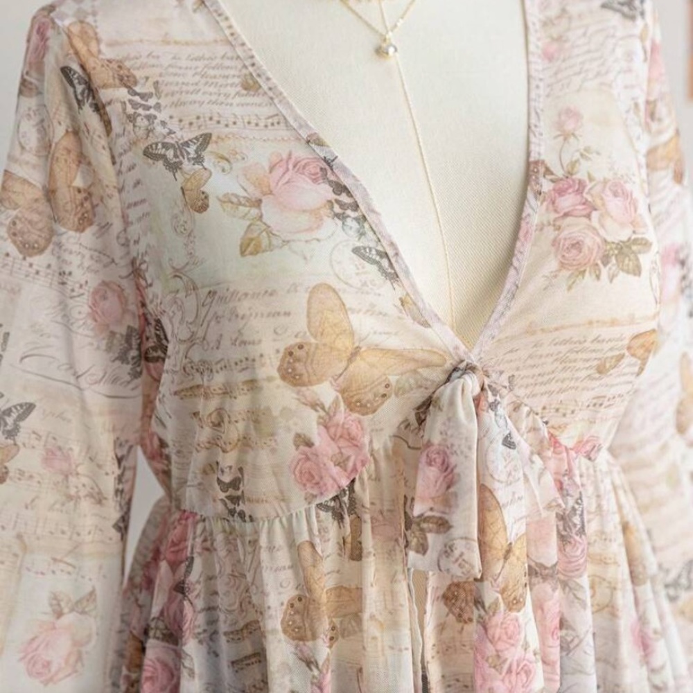 Butterfly Floral Sheer Blouse with Bell Sleeves - Picture 4 of 4